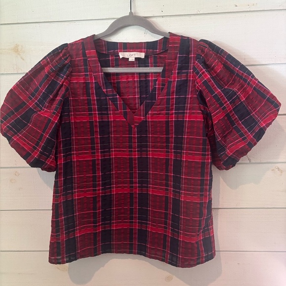 LOFT Red and Blue Flutter Sleeve Blouse - Picture 1 of 13
